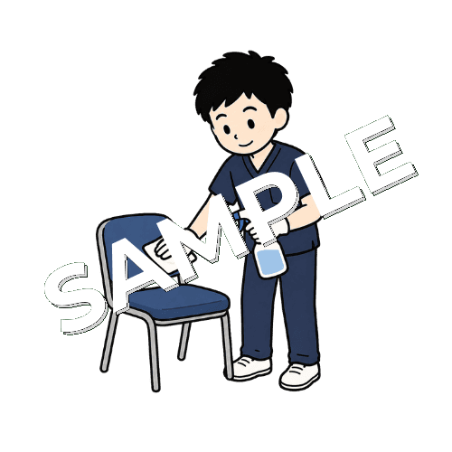 待合室の椅子を消毒する男性柔道整復師のイラスト