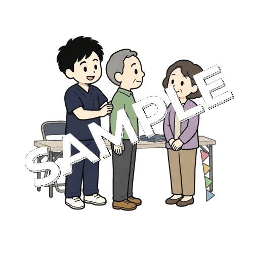 町内イベントで姿勢チェックを行う男性柔道整復師のイラスト
