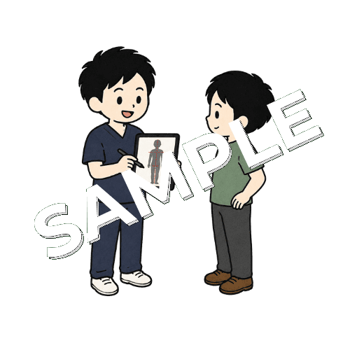 タブレットに姿勢ラインを描く男性柔道整復師のイラスト