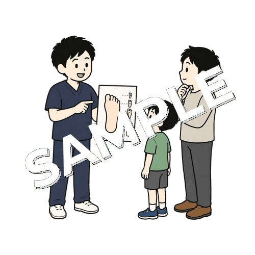 親子に子どもの足の成長を説明する男性柔道整復師のイラスト