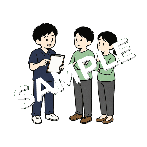夫婦で来院した患者に施術計画を説明する男性柔道整復師のイラスト