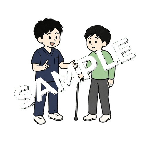 患者に杖歩行を説明する男性柔道整復師のイラスト
