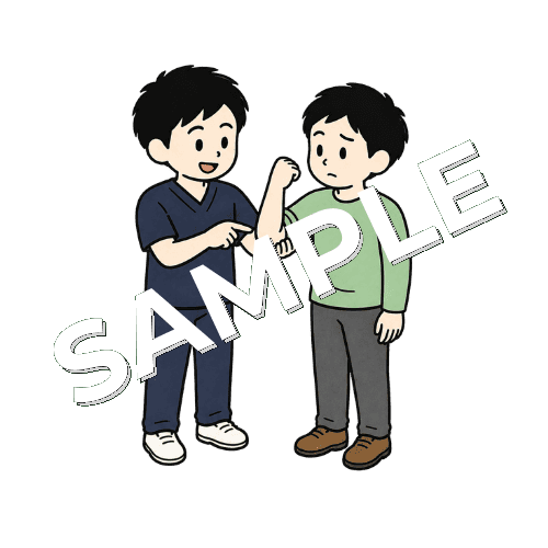 肘の痛みについて患者に説明する男性柔道整復師のイラスト
