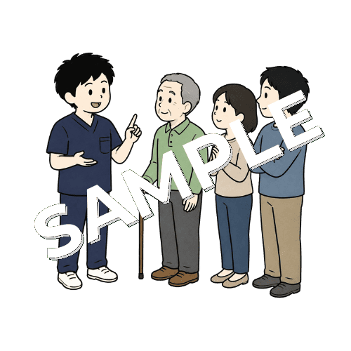 家族に高齢患者の転倒予防を説明する男性柔道整復師のイラスト