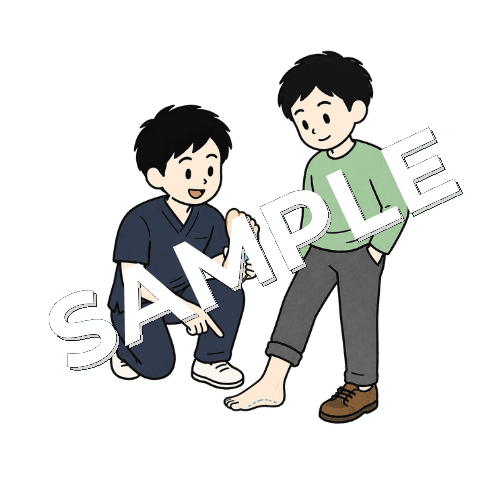 扁平足について患者に説明する男性柔道整復師のイラスト