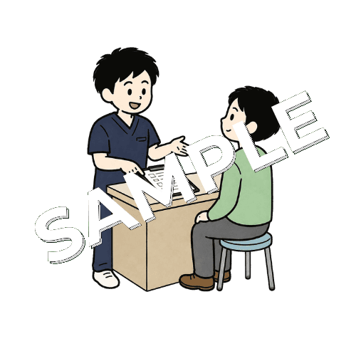 受付で患者に問診票の記入を案内する男性柔道整復師のイラスト