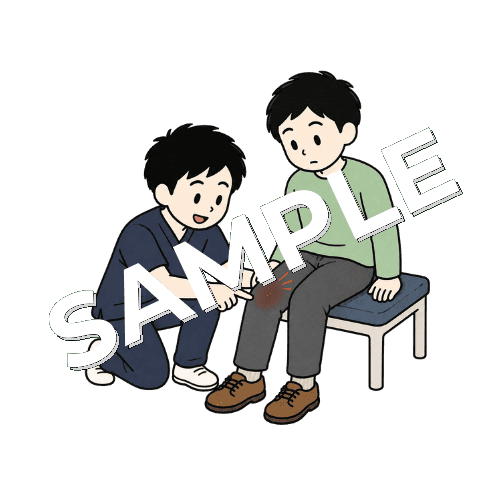 膝のアライメントについて患者に説明する男性柔道整復師のイラスト