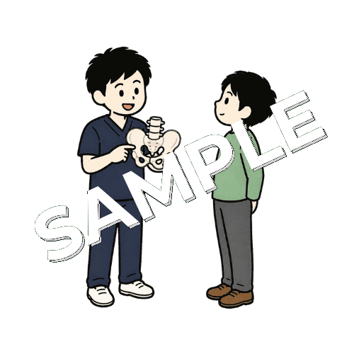 骨盤のゆがみを模型で説明する男性柔道整復師のイラスト