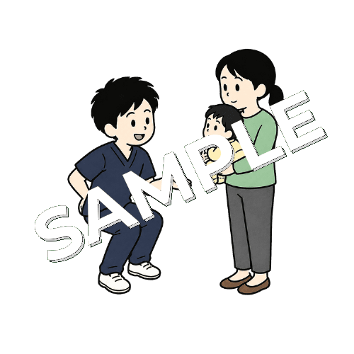 赤ちゃんを抱く母親に腰の使い方を説明する男性柔道整復師のイラスト