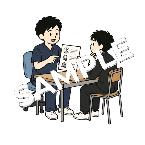 進路相談中の高校生に資格の説明をする男性柔道整復師のイラスト