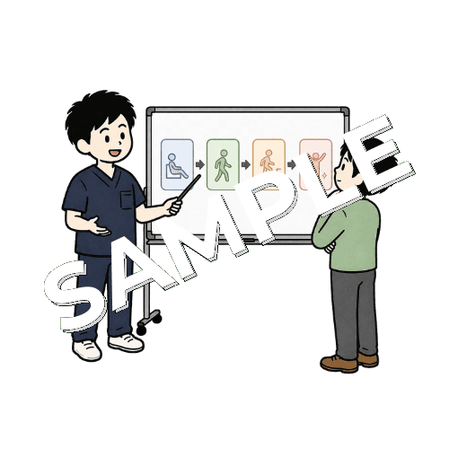ホワイトボードで回復までの流れを説明する男性柔道整復師のイラスト