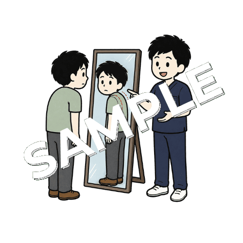 巻き肩の状態を鏡で説明する男性柔道整復師のイラスト