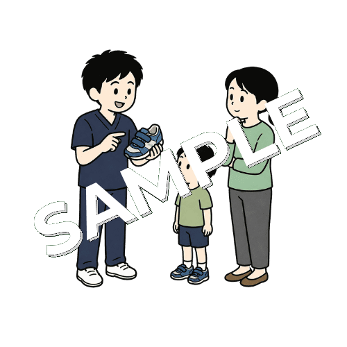 保護者に子どもの靴選びを説明する男性柔道整復師のイラスト