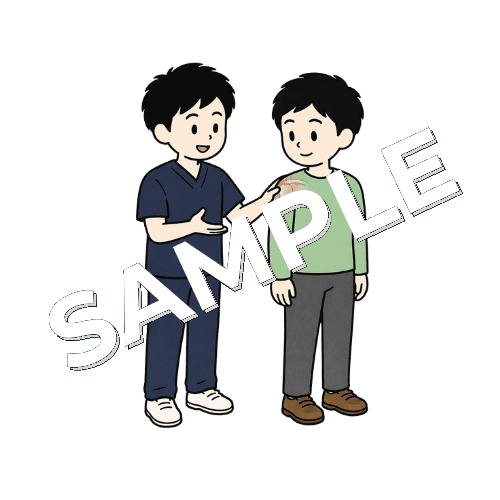 肩のインピンジメントについて患者に説明する男性柔道整復師のイラスト