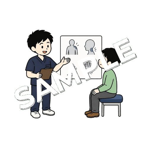 施術上の注意点を説明する男性柔道整復師のイラスト
