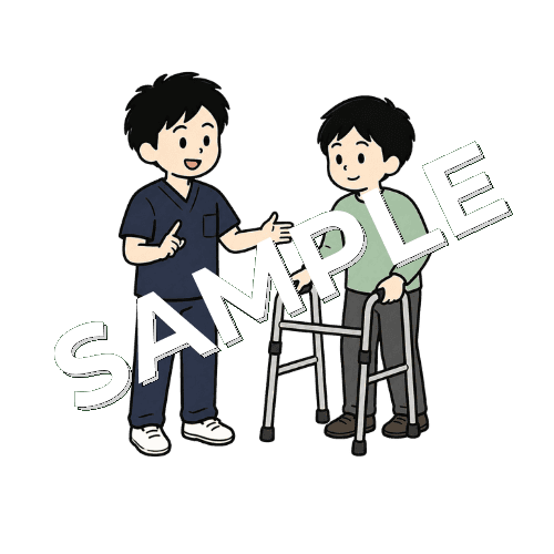 患者に歩行器での歩き方を説明する男性柔道整復師のイラスト