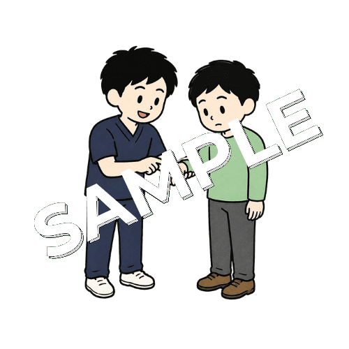 手首の捻挫について患者に説明する男性柔道整復師のイラスト