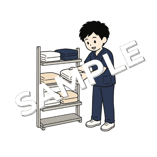 タオルをきれいに畳んで棚に並べる男性柔道整復師のイラスト
