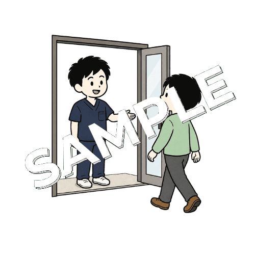 院の入口で患者に挨拶する男性柔道整復師のイラスト