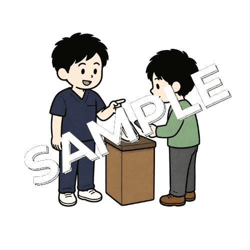 患者に電子マネー決済を案内する男性柔道整復師のイラスト