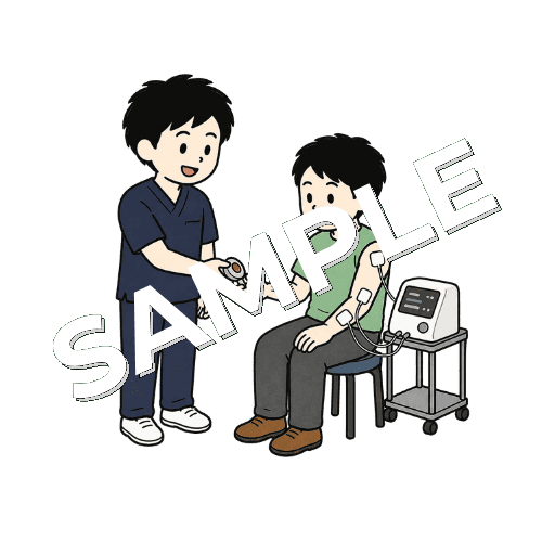 患者に電気治療中のベルを手渡す男性柔道整復師のイラスト