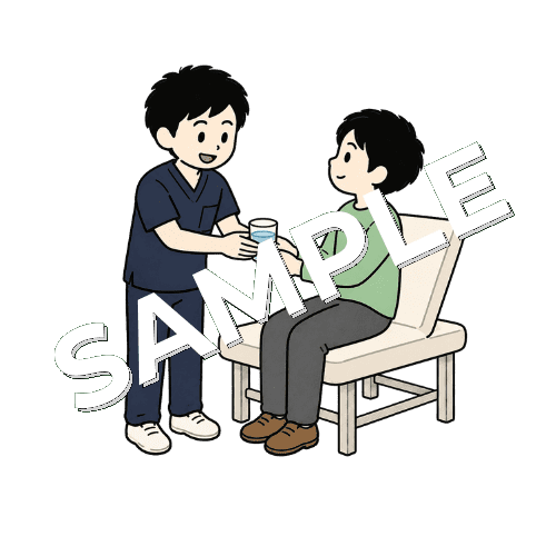 患者に水を手渡す男性柔道整復師のイラスト