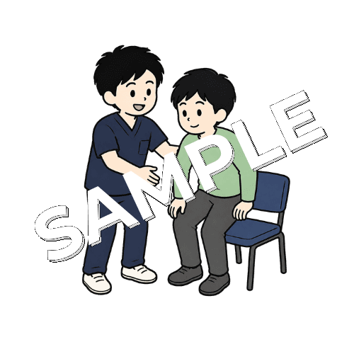 患者が椅子から立ち上がるのを助ける男性柔道整復師のイラスト