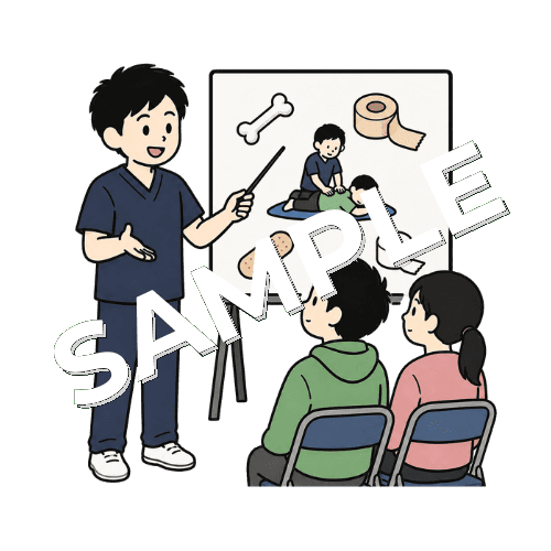 学校説明会で柔道整復師の仕事を紹介する男性柔道整復師のイラスト