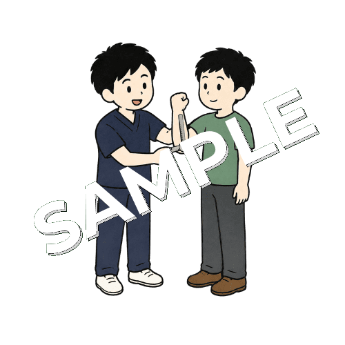 ゴニオメーターで肘の可動域を測る男性柔道整復師のイラスト