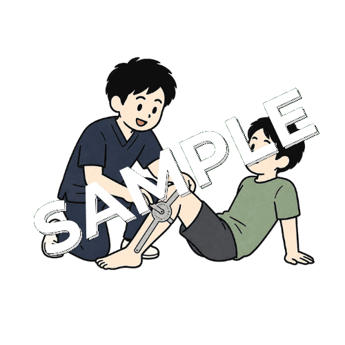 ゴニオメーターで膝の可動域を測る男性柔道整復師のイラスト