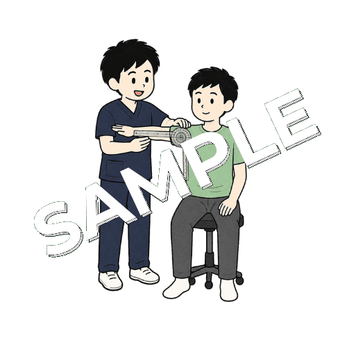 ゴニオメーターで肩の可動域を測る男性柔道整復師のイラスト