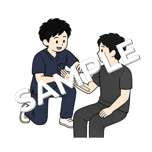 ゴニオメーターで手首の可動域を測る男性柔道整復師のイラスト