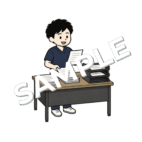 院内書類を整理する男性柔道整復師のイラスト