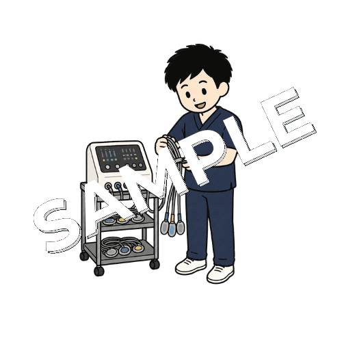 干渉波治療器のコードを整理する男性柔道整復師のイラスト