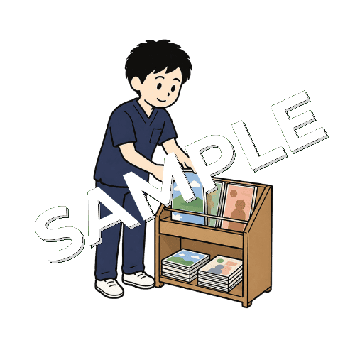 待合室の雑誌を整える男性柔道整復師のイラスト