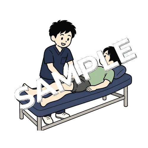 患者のふとももの筋肉を触診する男性柔道整復師のイラスト