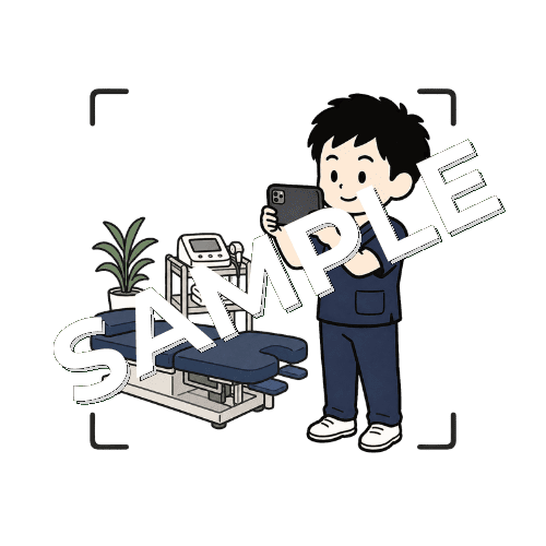 院内の写真をスマホで撮影する男性柔道整復師のイラスト