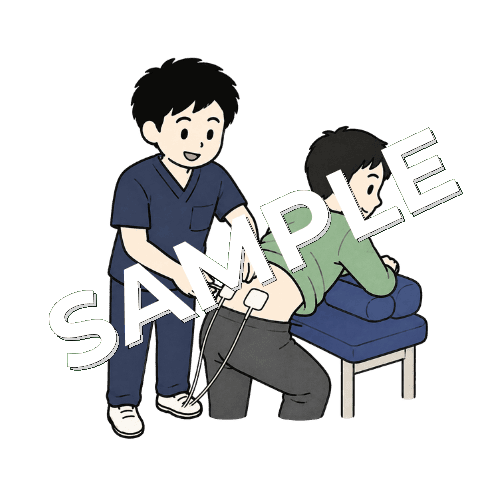 患者の腰に低周波治療器のパッドを貼る男性柔道整復師のイラスト