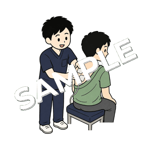 患者の肩に低周波治療器のパッドを貼る男性柔道整復師のイラスト
