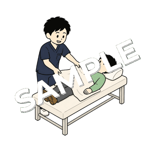 患者の脚にタオルを掛ける男性柔道整復師のイラスト