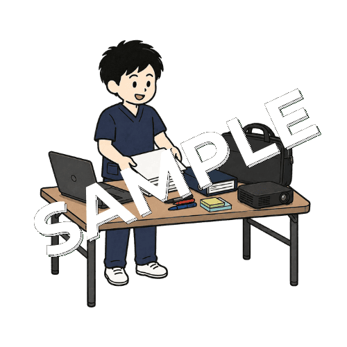 セミナー資料を準備する男性柔道整復師のイラスト