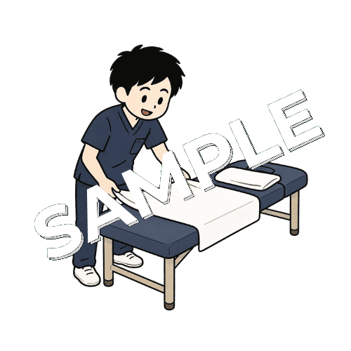 患者のために施術ベッドを準備する男性柔道整復師のイラスト