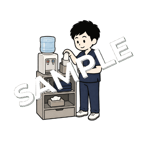 紙コップを補充する男性柔道整復師のイラスト