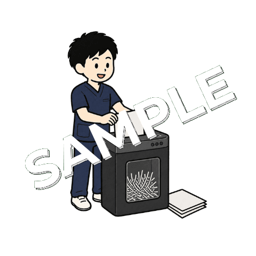 古い書類をシュレッダーにかける男性柔道整復師のイラスト