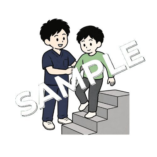 階段練習中の患者を支える男性柔道整復師のイラスト
