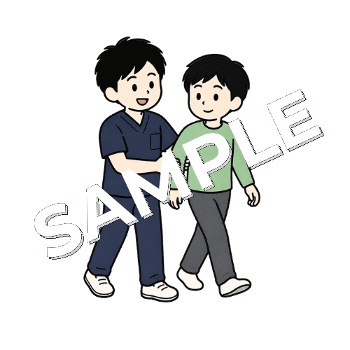 歩行練習中の患者を支える男性柔道整復師のイラスト