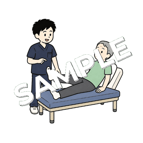 高齢患者にベッド上でできる足の運動を教える男性柔道整復師のイラスト
