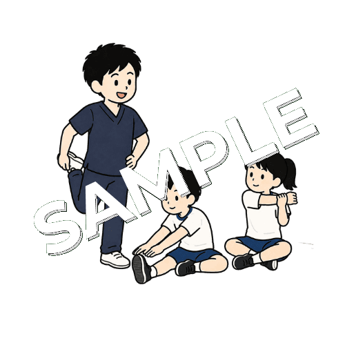 グラウンドで生徒にクールダウンを指導する男性柔道整復師のイラスト