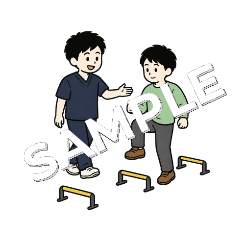 患者にミニハードルをまたぐ歩行練習を指導する男性柔道整復師のイラスト