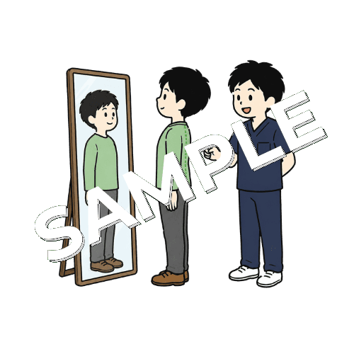 患者に鏡を見ながら姿勢改善運動を指導する男性柔道整復師のイラスト